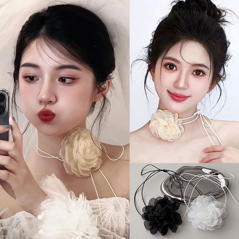 vòng cổ chocker hoa trà dây thắt nơ xinh xắn - cd274