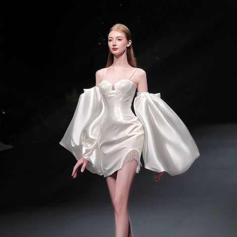 tay áo phồng rời dài satin mặt váy cưới dạ hội chụp concept - CD200