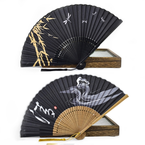 quạt tre xòe gấp gọn màu đen cổ trang nhật bản kimono - QUAT14