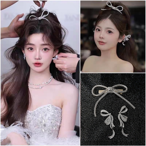 bộ kẹp nơ hoa tai đá cô dâu dạ hội  váy cưới - cd239