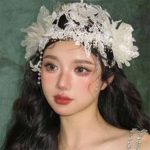 Ren hoa trùm đầu đầu cô dâu cài tóc ren phong cách cổ điền chụp ảnh studio concept - CD211