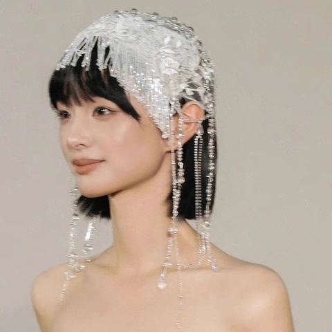 cô dâu ren tua rua ngoc trai mũ retro hạt châu phong cách pháp cô dâu chụp cưới - cd226