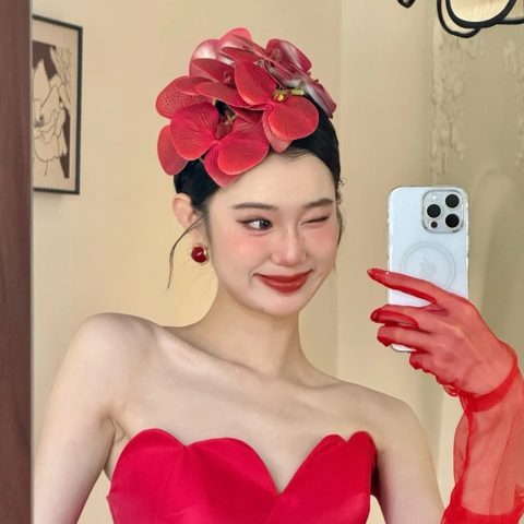 cài hoa lan hồ điệp đỏ 6 bông kẹp tóc cô dâu khí chất chụp ảnh studio concept - cd284