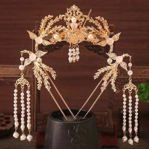 Bộ trâm mũ cài tóc phượng hoàng cô dâu mặt khỏa hỷ phục cổ trang thời nhà minh - cd192