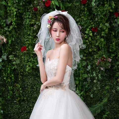 voan lúp cô dâu 3 tầng cuốn biên nơ hạt trai - cd175