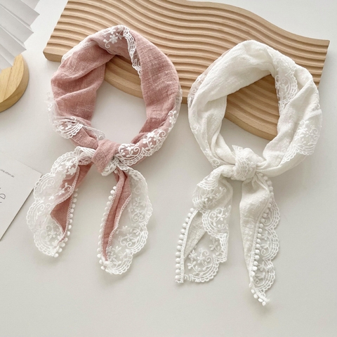 Mũ khăn choàng tam giác màu đơn giản viền ren vải đũi mỏng nhẹ - NE104