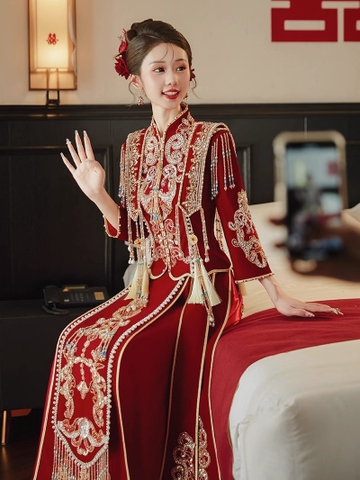 Bộ khỏa hỷ phục nữ đầm cưới xiuhe cao cấp đỏ nhung chụp studio - VAY08