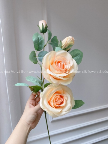 Cành hoa hồng lụa Hàn Quốc 2 bông 2 nụ 1 lộc 70cm