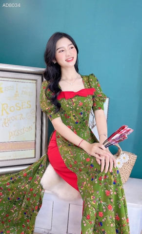 Áo Dài Hoa Vai Nơ Màu AD9034 (áo lẻ)