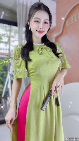 Áo Dài Cổ Cườm Mai Xanh AD2702 (áo lẻ)