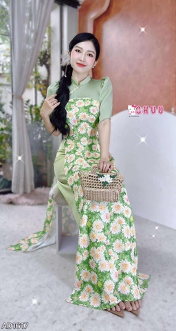 Áo Dài Pha Hoa Nhung AD1617 (áo lẻ) - Tuliup Cam