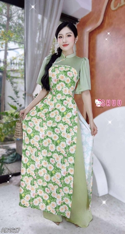 Áo Dài Pha Hoa Nhung AD1617 (áo lẻ) - Tuliup Cam