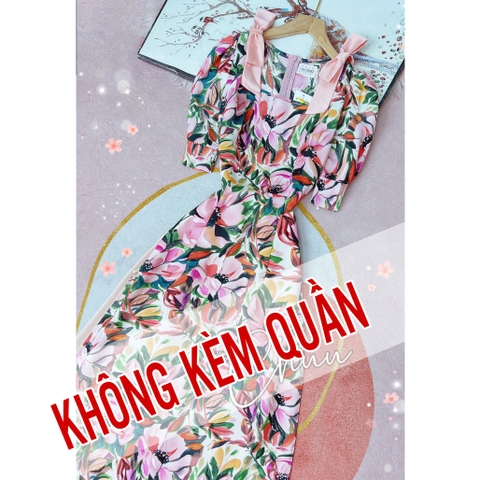 Áo Dài Hoa Vai Nơ Màu AD9034 (áo lẻ)