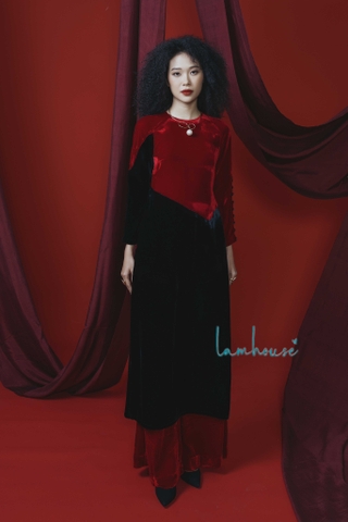 Áo Dài Nhung Phối Màu