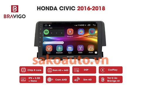 đàu dvd theo xe honda civic 2018 bravigo