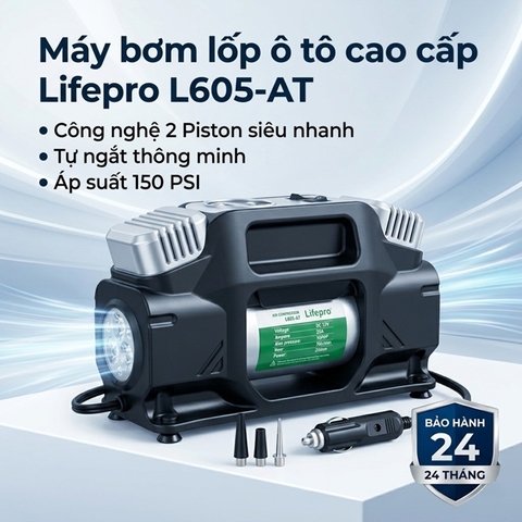Máy bơm lốp ô tô cao cấp công nghệ 2 Piston tự ngắt, bơm khoẻ áp suất mạnh L605-AT