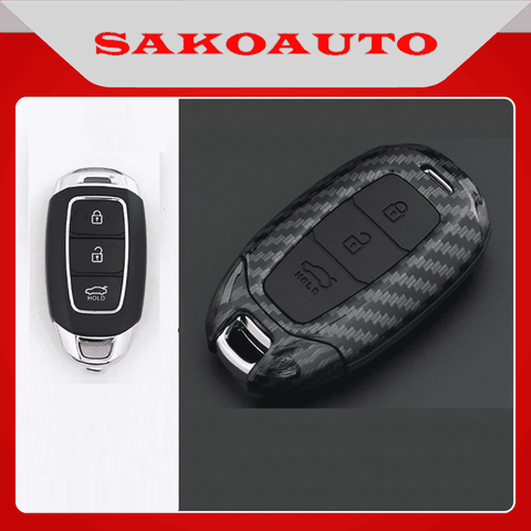 Ốp nhựa carbon lót silicon bọc, bảo vệ chìa khóa xe Hyundai Accent, Kona, Santafe 2019 - 2020 kèm móc đeo INOX- 3 nút