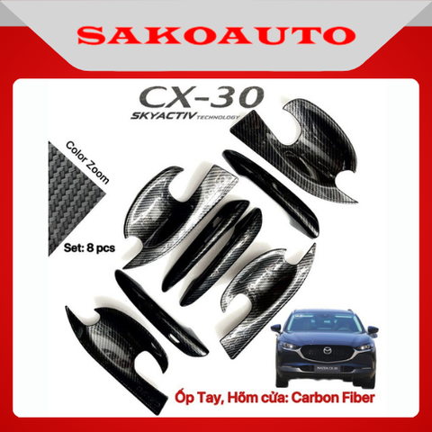 Ốp tay cửa - Ốp chén hõm cửa - Gương chiếu hậu - Nắp bình xăng Mazda CX-30 Phụ Kiện dán Carbon fiber