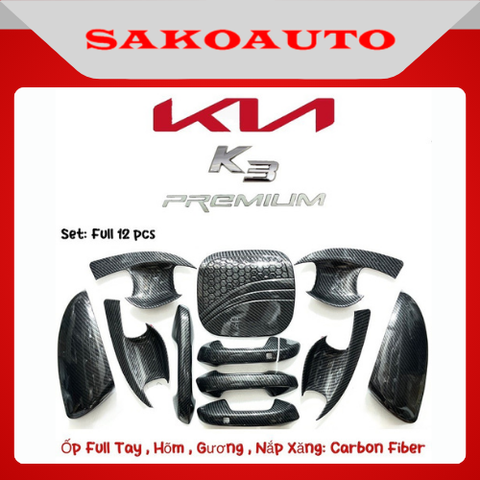 Ốp tay nắm - Ốp chén cửa - Gương - Nắp bình xăng xe Kia K3 2022 - 2025 Carbon cao cấp Phụ kiện trang trí