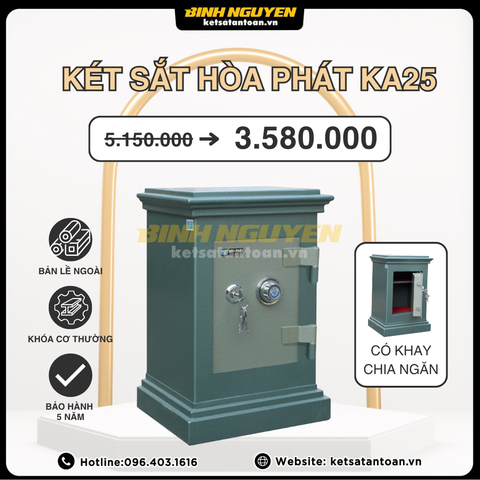Két sắt Hòa Phát KA25 khóa cơ phù hợp đặt trong phòng ngủ, khách sạn, văn phòng nhỏ.