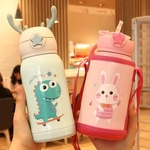 Bình nước giữ nhiệt nóng lạnh 500ml có ống hút đáng yêu cho bé