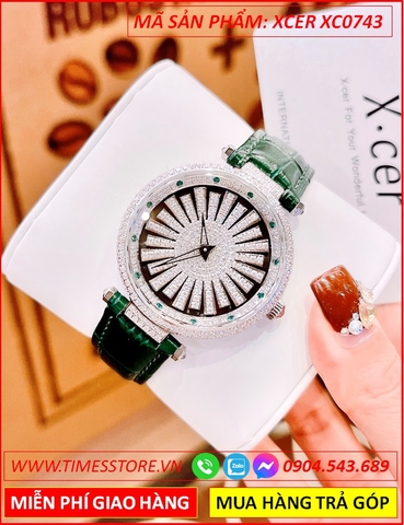 Đồng Hồ Nữ Xcer Mặt Cánh Hoa Xoay Full Đá Swarovski Dây Da Xanh Lá