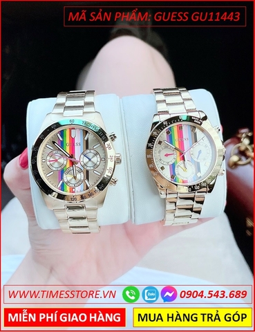 Đồng Hồ Cặp Đôi Guess Mặt Cầu Vồng Dây Kim Loại Vàng Gold