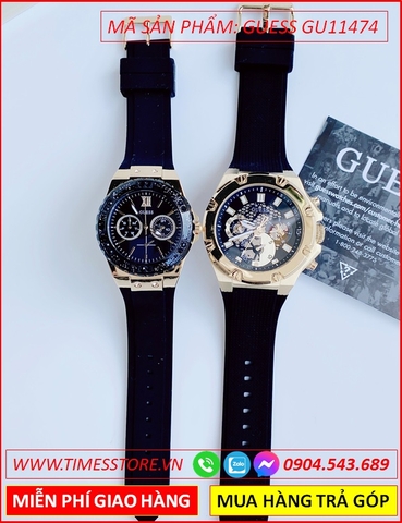 Đồng Hồ Cặp Đôi Guess Chronograph Vàng Gold Dây Silicone Đen