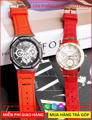 Đồng Hồ Cặp Đôi Guess Chronograph Mặt Tròn Dây Cao Su Đỏ
