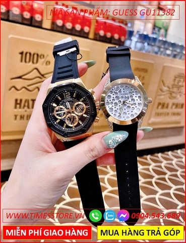 Đồng Hồ Cặp Đôi Guess Mặt Tròn Chronograph Dây Silicone Đen