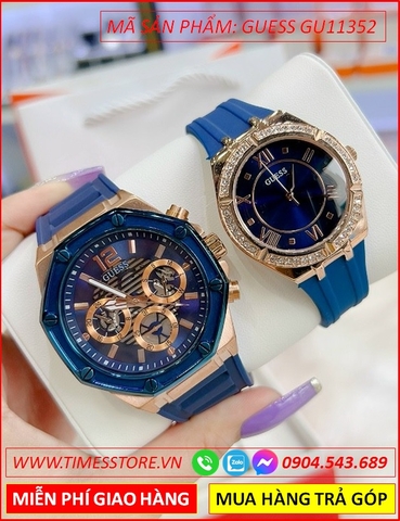 Đồng Hồ Cặp Đôi Guess Chronograph Vàng Gold Dây Cao Su Xanh