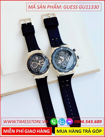 Đồng Hồ Cặp Đôi Guess Mặt Tròn Chronograph Full Đen Dây Cao Su