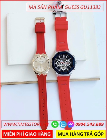 Đồng Hồ Cặp Đôi Guess Mặt Tròn Chronograph Dây Silicone Đỏ