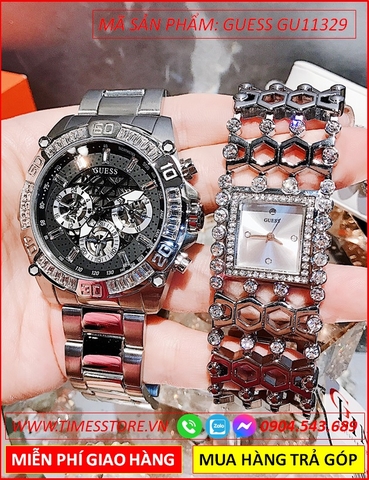 Đồng Hồ Cặp Đôi Guess Mặt Tròn Đính Đá Dây Kim Loại