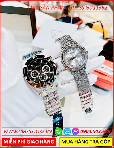 Đồng Hồ Cặp Đôi Guess Mặt Tròn Đính Đá Dây Kim Loại Silver