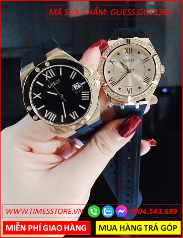 Đồng Hồ Cặp Đôi Guess Mặt Tròn Vàng Gold Dây Cao Su Đen