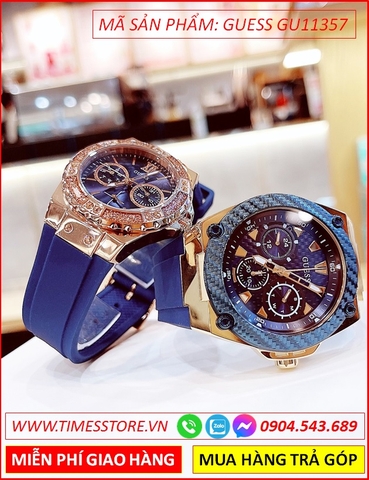 Đồng Hồ Cặp Đôi Guess Mặt Tròn Vàng Gold Dây Silicone Xanh