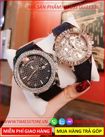 Đồng Hồ Cặp Đôi Guess Mặt Tròn Vàng Gold Đính Đá