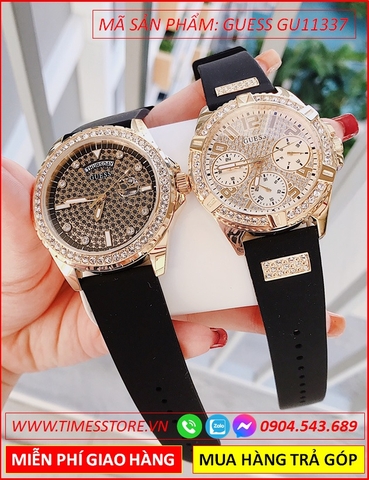 Đồng Hồ Cặp Đôi Guess Mặt Tròn Vàng Gold Full Đá Dây Silicone