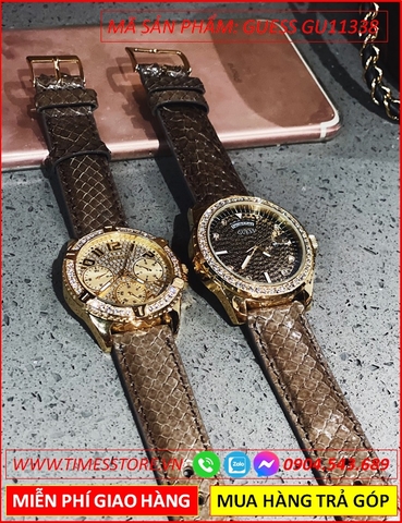 Đồng Hồ Cặp Đôi Guess Mặt Tròn Vàng Gold Full Đá Dây Da Rắn