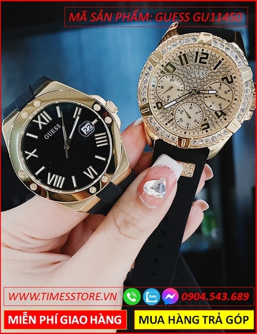 Đồng Hồ Cặp Đôi Guess Mặt Tròn Vàng Gold Dây Silicone Đen