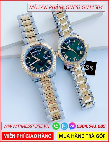 Đồng Hồ Cặp Đôi Guess Tựa Rolex Mặt Xanh Dây Demi Vàng Gold