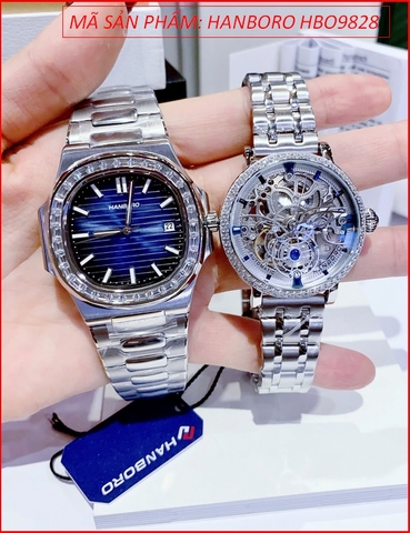 Đồng Hồ Cặp Đôi Hanboro Automatic Đính Đá Dây Kim Loại
