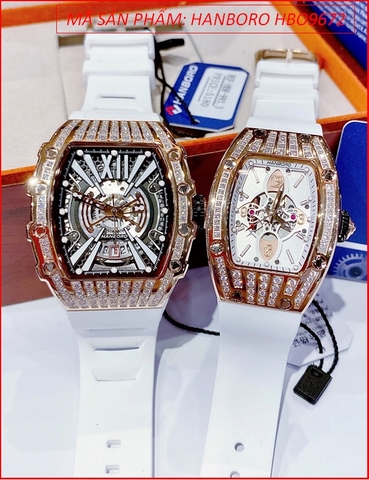 Đồng Hồ Cặp Đôi Hanboro Automatic Rose Gold Dây Silicone Trắng