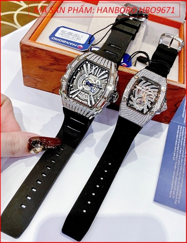 Đồng Hồ Cặp Đôi Hanboro Automatic Đính Đá Dây Silicone Đen