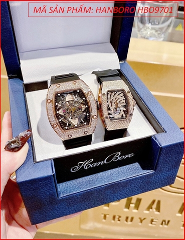 Đồng Hồ Cặp Đôi Hanboro Automatic Full Đá Rose Gold Dây Silicone Đen