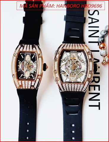 Đồng Hồ Cặp Đôi Hanboro Automatic Full Đá Rose Gold Dây Silicone Đen