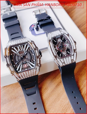 Đồng Hồ Cặp Đôi Hanboro Automatic Lộ Máy Đính Đá Dây Silicone Đen