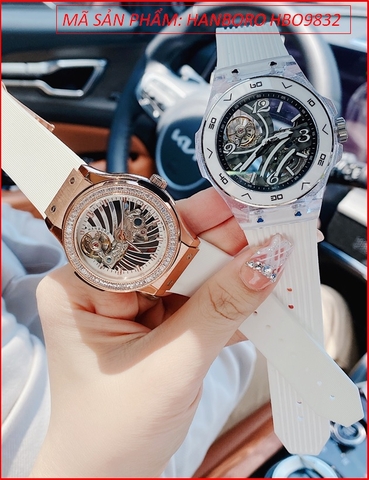 Đồng Hồ Cặp Đôi Hanboro Automatic Mặt Tròn Dây Silicone Trắng