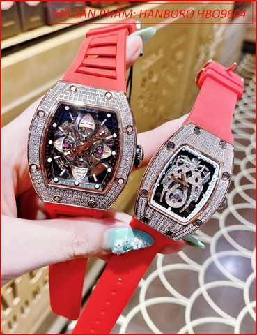 Đồng Hồ Cặp Đôi Hanboro Automatic Rose Gold Silicone Đỏ